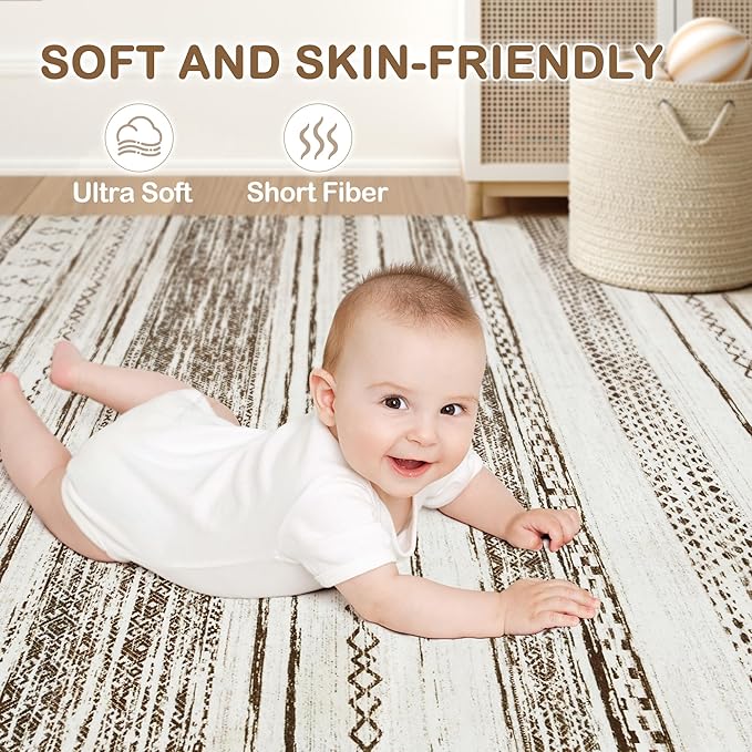 Tortania Area Rug Living Room Rugs - 11x14 Washable Large Soft Neutral Boho Moroccan Bohemian Farmhouse Rug Indoor Floor Carpet for Bedroom Under Dining Table Home Office Decor - Cream Brown
