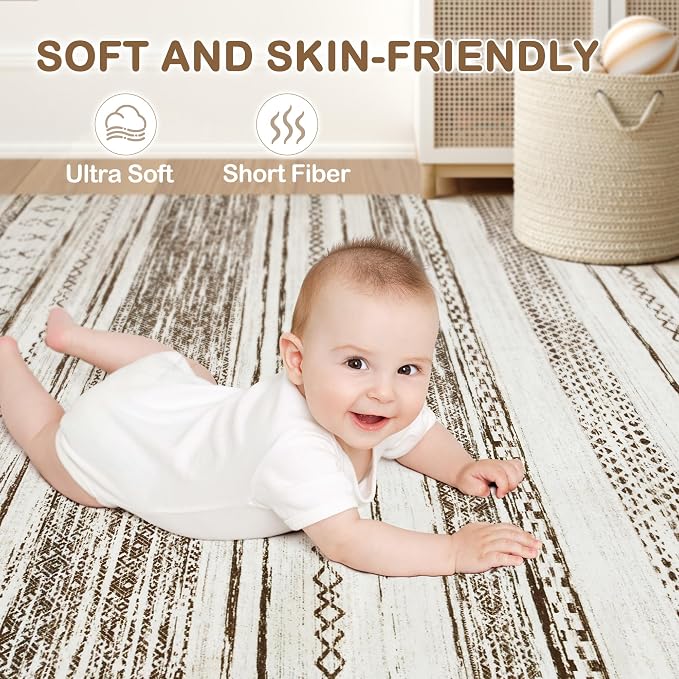 Tortania Area Rug Living Room Rugs - 8x10 Washable Large Soft Neutral Boho Moroccan Bohemian Farmhouse Rug Indoor Floor Carpet for Bedroom Under Dining Table Home Office Decor - Cream Brown