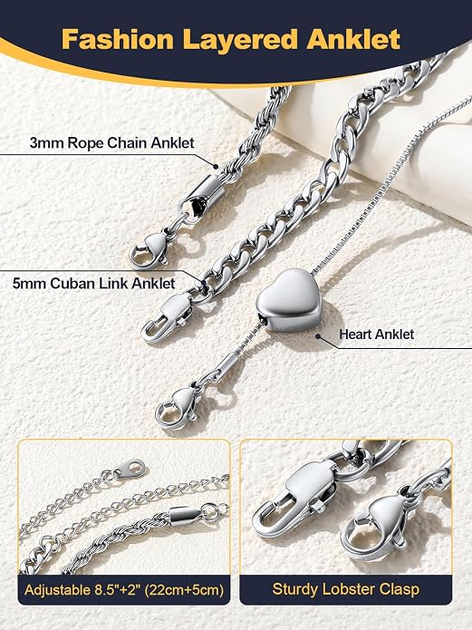 U7 2Pcs/3Pcs Ankle Bracelets for Women, Stainless Steel Cuban Link/Figaro/Rope/Heart Chain Anklets Sets,Waterproof Layered Anklets Adjustable 8.5"-10.5"