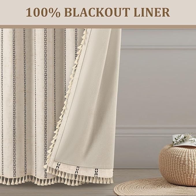 Beige Boho Blackout Curtains 2 Panels 90 Inch for Living Room Bedroom, Linen Texture Farmhouse Curtains with Tassels and Black Cotton Embroidery Vintage Rustic Western Rod Pocket