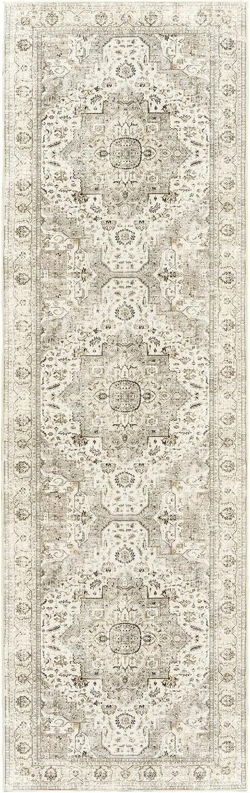 Washable 2.6x8 Hallway Runner Rug, Non Slip Kitchen Rugs Ivory/Beige | Low Pile rug, Stain Resistant, Distressed Rug Runners for Entryway, Living Room, Bedroom, Kitchen, Laundry