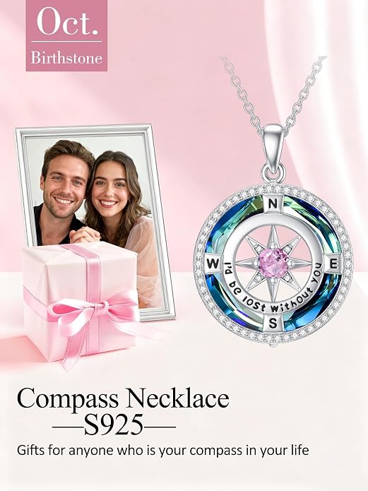 TOUPOP Necklace Gifts for Wife Compass Jewelry Women Anniversary Girlfriend Birthday Gift for Her Valentines I'd be Lost without You Sterling Silver Birthstone Necklaces