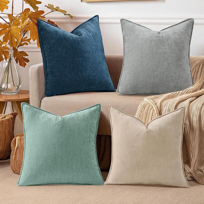 decorUhome Set of 4 Chenille Throw Pillow Covers 18x18(Beige/Aqua) | Couch Decorative Soft Neutral Pillow Covers with Elegant Design for Living Room Bed Sofa