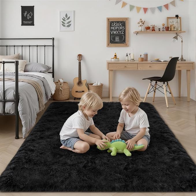 6x9 Area Rugs for Living Room Bedroom: Ultra Soft Fluffy Shag Rug Upgrade Non-Slip Non-Shedding Large Fuzzy Plush Carpet Indoor Floor Carpets for Kids Room Playroom Nursery Dorms Home Decor Black