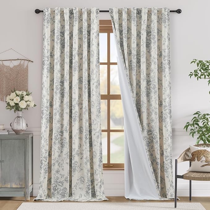 jinchan Grey Floral Linen Blackout Curtains Lined 96 Inch Back Tab 2 Panels | Blackout lining, room darkening drapes, farmhouse, vintage, cottagecore, rustic, bedroom, living room, window treatment