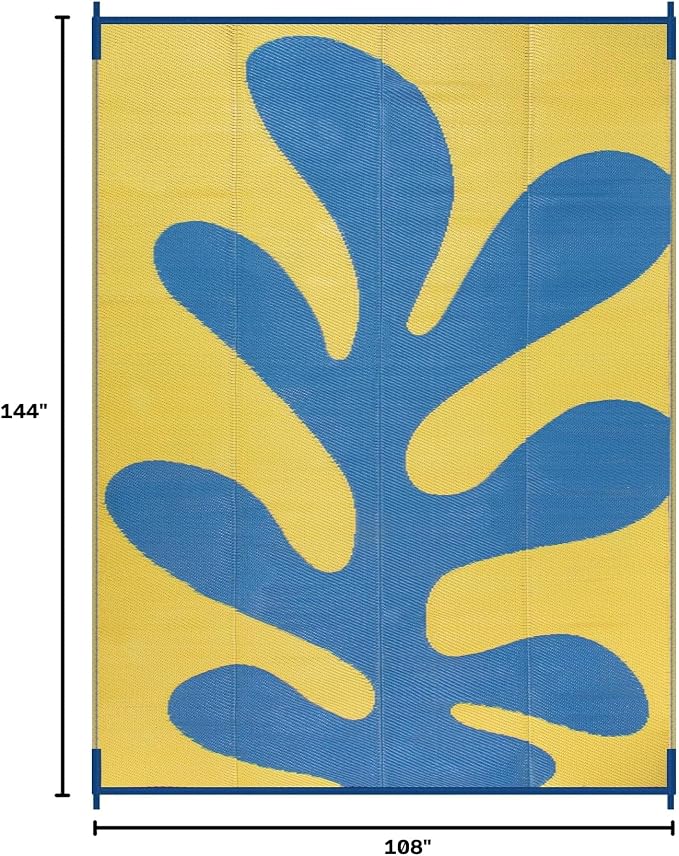 Lahome Sea Coral 9x12 Picnic Beach Rug, Reversible Outdoor Pool Rv Camping Rug, Waterproof Plastic Straw Blue and Yellow Mats for Outside Camping Patio Deck, Blue 9'x12'