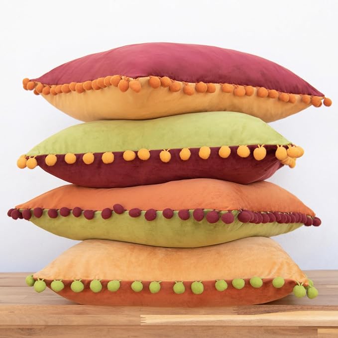 MONDAY MOOSE Decorative Throw Pillow Covers Cushion Cases, Set of 4 Soft Velvet Pom Poms Double-Sided Designs, Mix and Match for Home Decor, Pillow Inserts Not Included (16x16 inch, Yellow/Green)