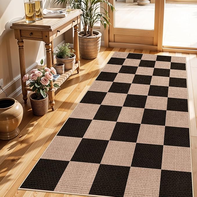 3x6 Kitchen Runner Rug Washable: Non Slip Checkered Faux Jute Farmhouse Mat | Thin Easy Clean Indoor Outdoor Boho Rugs Entryway Hallway Bedroom Modern Home Decor Durable Low Pile Floor Carpet (Black,3x6)
