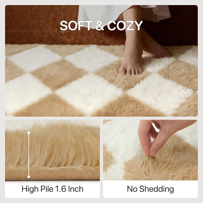 GENIMO Checkered Rug 8x10 Area Rugs for Kids Bedroom Soft Shag Rug Fluffy Fuzzy Carpet Plush Rugs for Living Room Nursery Playroom Dorm Modern Home Decor Aesthetic, Beige and White