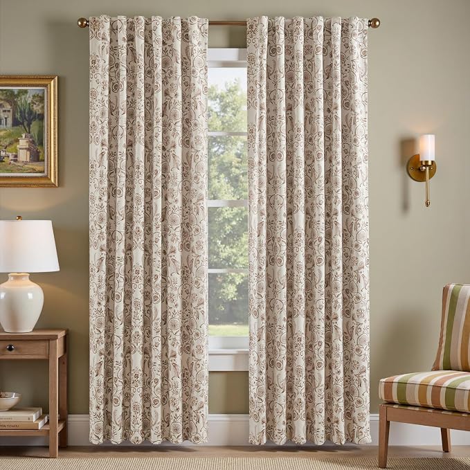 jinchan Taupe Floral Blackout Curtains 84 Inch Farmhouse Back Tab 2 Panels | Taupe on beige, room darkening, traditional vintage drapes, bedroom, living room, botanical, flower print, window treatment