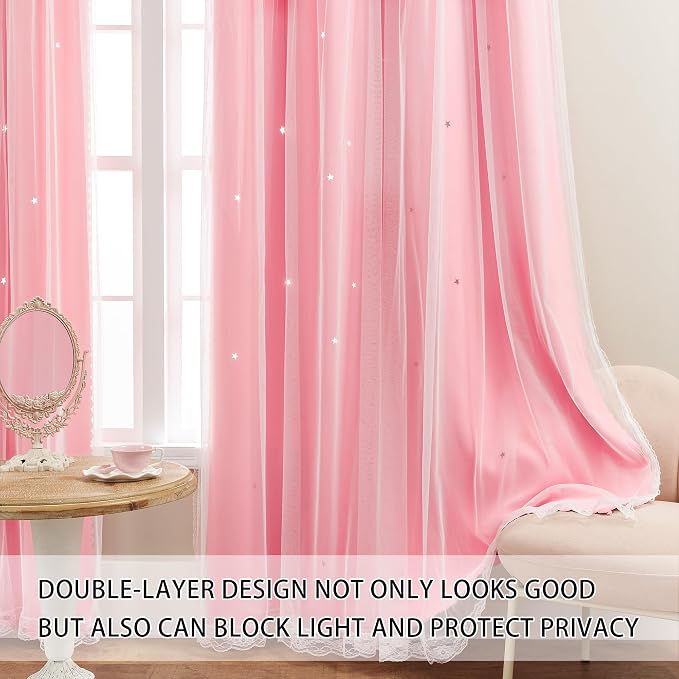 XiDi Pink Curtains for Girls Bedroom 80% Blackout Double Layer Curtains with Sheer Overlay for Nursery Kids Room Star Pink Drapes with Tiebacks Grommet Window Treatment 2 Panels W34 X L72
