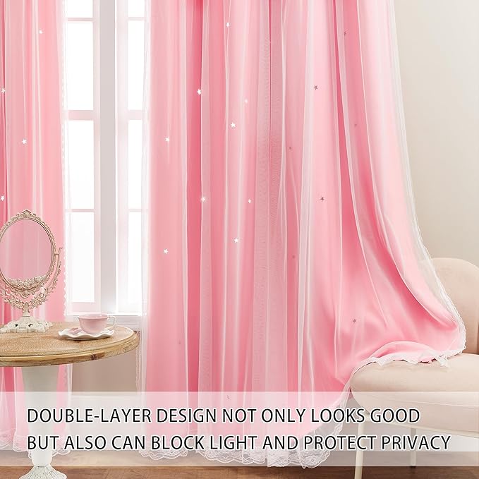 XiDi Pink Curtains for Girls Bedroom Living Room 108 Inches Long 2 Panels Princess Kids Nursery Room Decor Blackout Baby Pink Curtains for Kids Toddler Princess Grommet Window Drapes 34x108