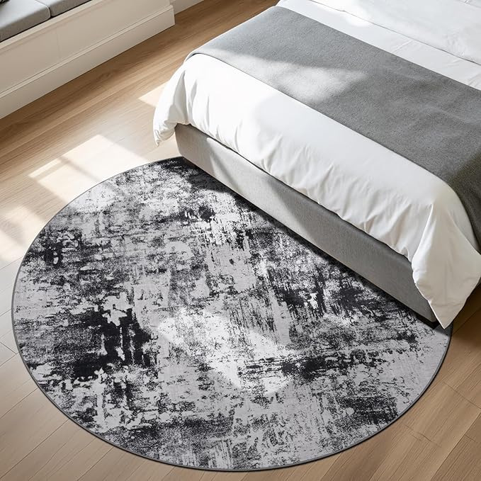 Rugflix Round Area Rugs 8Ft for Living Room, Washable Circle Rug Stain-Resistant Low Pile, Modern Dark Carpet for Bedroom Dining Room Home Office Kid Nursery Room, Black Grey