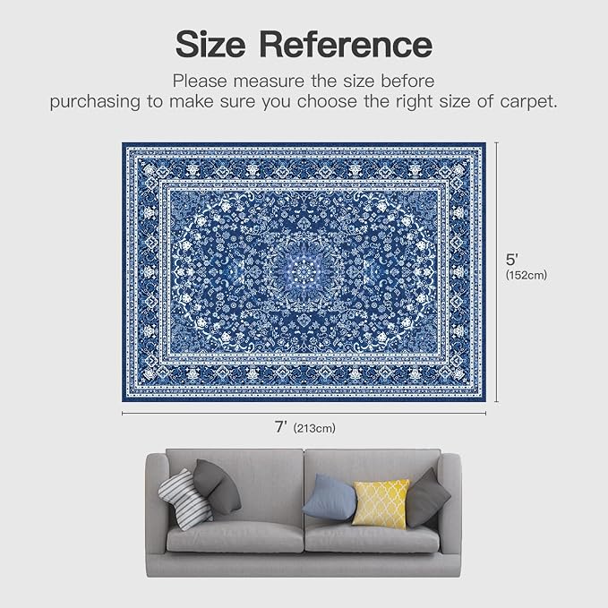 Lofus 5x7 Area Rugs for Living Room, Machine Washable Non-Slip Area Rug, Low Pile Large Rugs for Bedroom, Kitchen, Dining Room, Home Office, Vintage Oriental Print Rug, Dark Blue with White