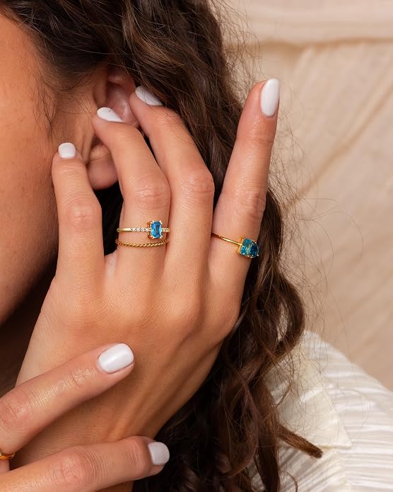 YeGieonr Birthstone Stackable Rings for Women Dainty Gold Rings with Baguette Cubic Zirconia, Non Tarnish Thin Band Ring, 14k Gold Plated Pinky Rings Jewelry Gift