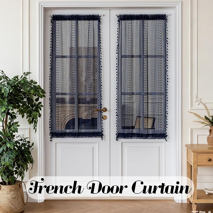 Sutuo Home Navy Blue French Door Curtains for Door Window 72 Inch Length 2 Panels, Farmhouse Semi Sheer Bohemian Tassels Vintage Privacy Drapes Decor for Patio & Sidelights, Rod Pocket 25" W x 72" L