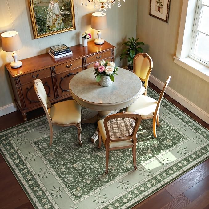Lahome Floral Green Rugs for Bedroom, Non Slip Washable Rugs 5x7 Rug for Living Room, Stain Resistant Vintage Floral Rug for Dining Room Office (5'x7', Green)
