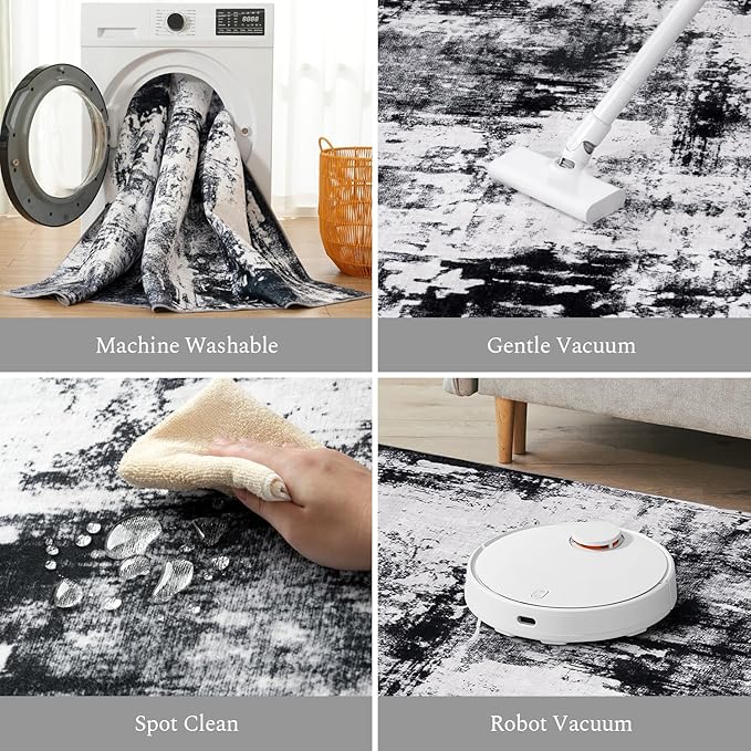 Rugflix 10x14 Area Rugs for Living Room, Black Grey Large Rug Stain-Resistant Low Pile, Big Washable Dark Carpet Non-Slip for Bedroom Dining Room Home Office Nursery Room