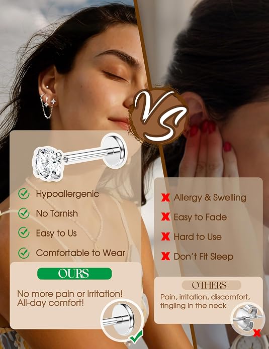 ORAZIO 16G/18G/20G Threadless Flat Back Earrings 316L Surgical Steel Cartilage Earring Stacks Flatback Push in Nose Rings Studs Hypoallergenic Tragus Helix Conch Labret Medusa Piercing Jewelry