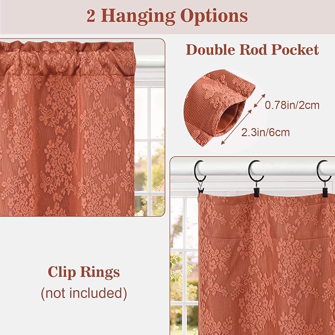 Yinhua Terracotta Kitchen Curtains 36 Inch Length Double Layer Curtain Farmhouse Blackout Curtains for Kitchen Rod Pocket Short Curtain for Windows, Bathroom, Living Room, 2 Panels