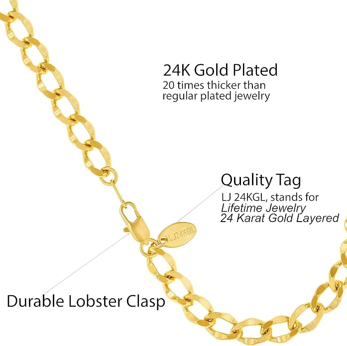 LIFETIME JEWELRY Womens Gold Anklet Diamond Cut Curb Link Ankle Bracelet 24k Gold Plated