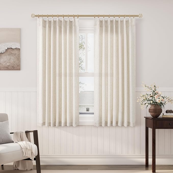 Natural Cream Pinch Pleat Linen Curtains 54 Inch Long for Kitchen Pleated with Hooks Back Tab Light Filtering Boho Farmhouse Short Semi Sheer 54 Inch Curtain for Dining Room Bedroom Small Window