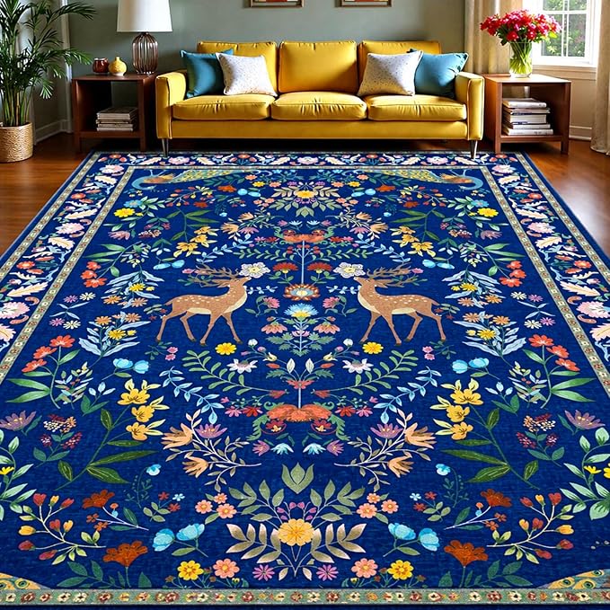 8x10 Blue Farmhouse Rugs for Living Room - Large Unique Washable Area Rug for Bedroom, Dining Room Under Table, Floral & Animal Design, Low Pile Soft Carpet