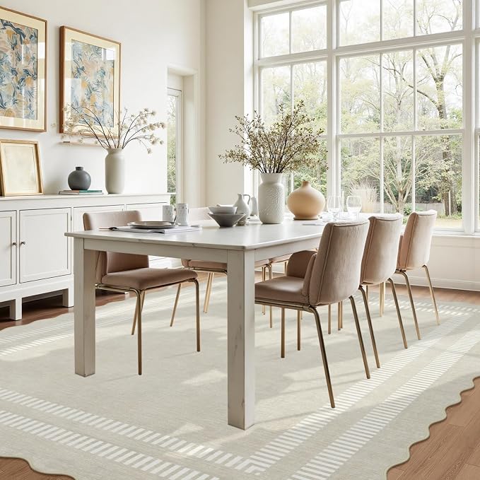Washable 8x10 Area Rugs for Living Room, Solid Ivory Ultra-Thin Bedroom Rug Non-Slip Dining Room Rugs, Soft Scalloped Carpet for Nursery Kids Room Office