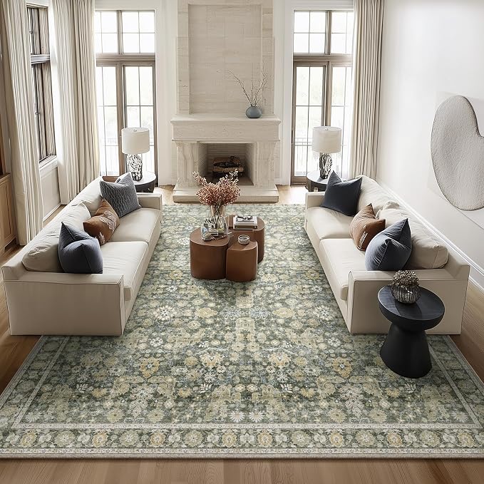 Washable Rugs for Living Room: 10x14 Area Rugs for Bedroom Ultra Soft Non-Slip Stain Resistant Vintage Boho Large Carpet for High-Traffic Dining Room - Farmhouse Decor