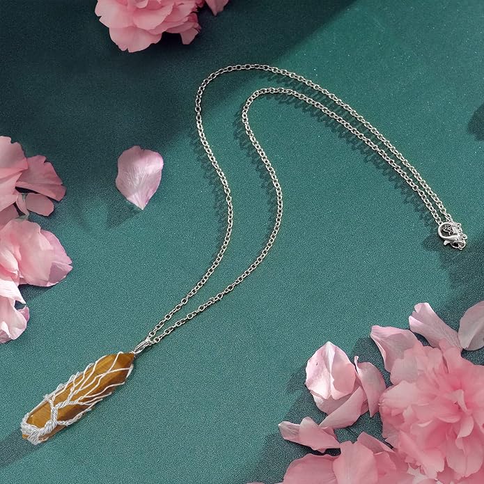 VIBILIA Healing Crystal Necklace Tree of Life Wire Wrapped Natural Stone Point Pendant Necklace Hexagonal Reiki Spiritual Quartz Gemstone Jewelry for Women Men