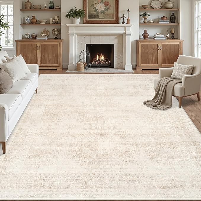 10x12 Area Rugs for Living Room: Vintage Boho Neutral Washable Rug Indoor Soft Large Area Rug Carpet for Bedroom Nursery Farmhouse Dining Room Office Floor Non-Slip Low Pile Under Table Rug Beige