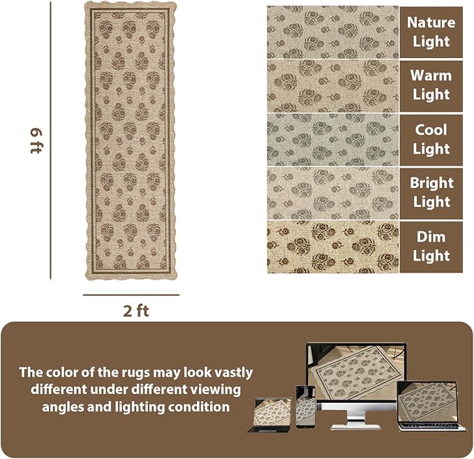 ORTIGIA Scalloped Easy Jute 2x6 Kitchen Runner Rug Vintage Brown Floral Accent Farmhouse Washable Rug Non-Slip Outdoor Carpet for Entryway Indoor Hallway Patio Laundry Room