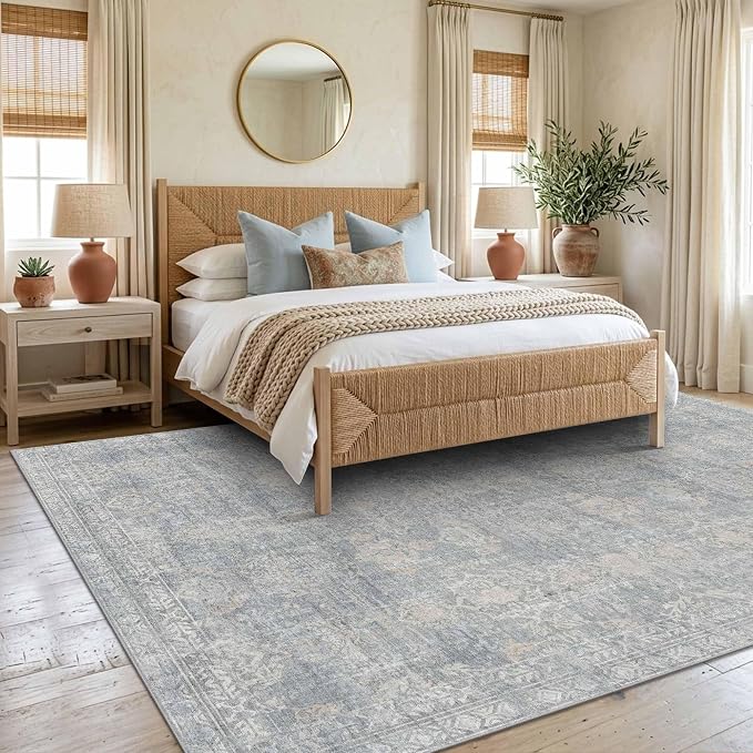 Rugxara 6x9 Area Rugs Washable Rug for Living Room Bedroom, Blue/Beige | Non Slip, Rug for Dining Room Office Farmhouse, Stain Resistant, Soft, Low Pile, Vintage Boho Floral Retro Carpet, Home Decor
