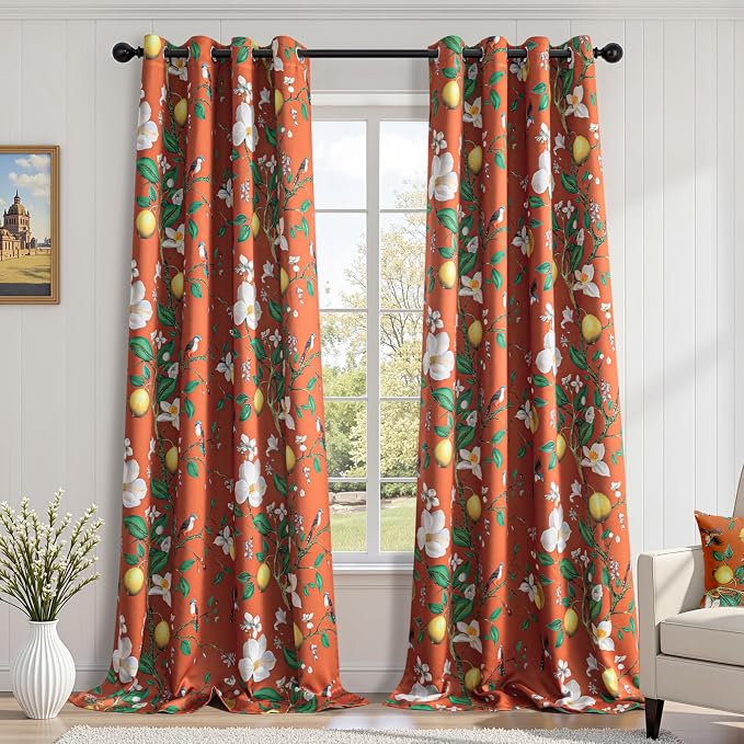 MYSKY HOME Floral Blackout Curtains Panels 95 inches Room Darkening Grommet Vintage Curtains & Drapes with Flower Lemon Hummingbird Patterned for Bedroom Nursery Kids Room, Pack-2, 52", Burnt Orange