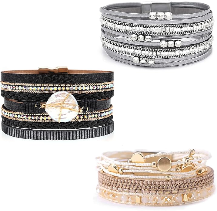Wowanoo 3Pack Leather Cuff Bracelet Set Multilayer Wrap Bracelet Crystal Feather Tree Bracelet Magnetic Clasp Bracelet for Women