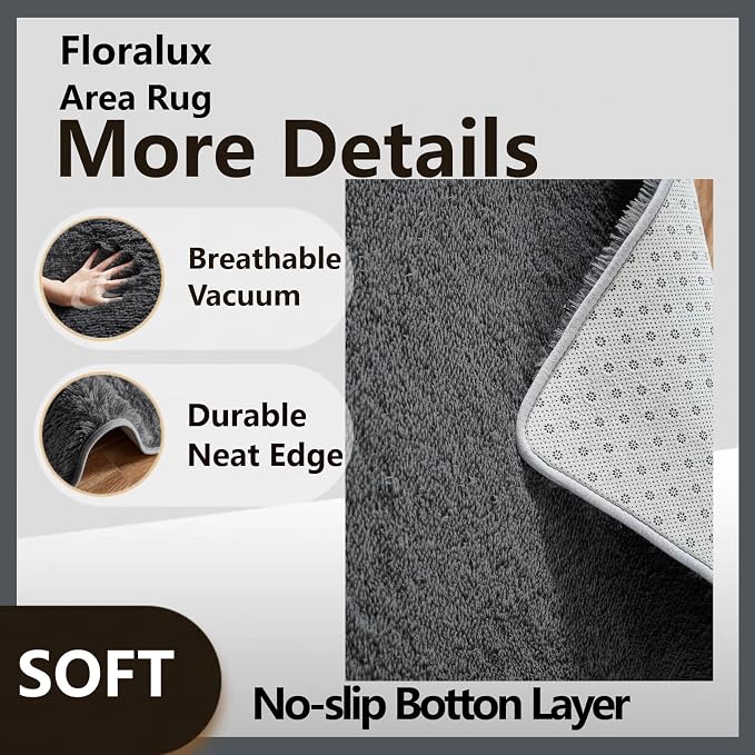 Floralux Bedroom Rugs 6x9, Dark Grey Shag Area Rug, Ultra Soft Fluffy Furry Carpet for Bedroom, Non-Slip Indoor Floor Carpets for Kids Boys Girls Dorm, Nursery, Home Decor Aesthetic