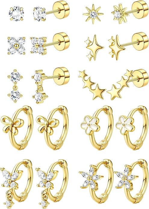 SAILIMUE Hypoallergenic Flat Back Earrings for Girls Women - Cute Toddler Kids Earrings Set Surgical Stainless Steel Earring for Sensitive Ears Small 14K Gold Plated Stud Hoop Earring Stacks