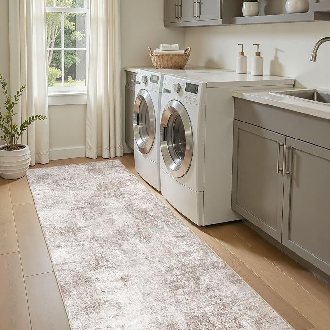 Washable Runner Rug 3x8, Non Slip Neutral Area Rug for Hallway | Modern Abstract Carpet, Stain Resistant and Kid & Pet Friendly, Made for Kitchen, Entryway, Laundry, Kitchen, Indoor - Brown