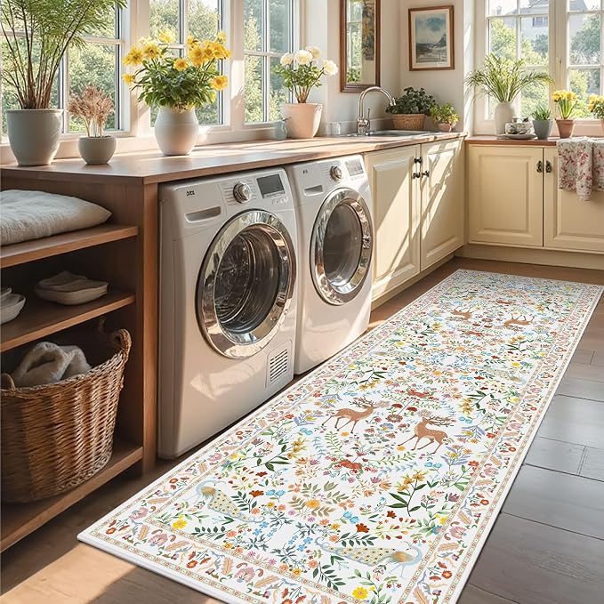 White Floral 2'6"x8' Washable Non Slip Runner Rugs for Hallways, Non Skid Stain Resistant Rug Runners for Kitchen, Entryway, Mudroom - Cottagecore Home Decor