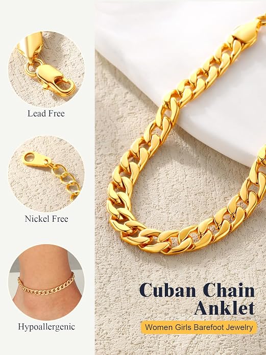 U7 Waterproof Anklets for Women 18K Gold Cuban Chain 8.5"-10.5" with 14K Gold Cuban chain 3Pcs, Barefoot Beach Wedding Gift with Velvet Pouch