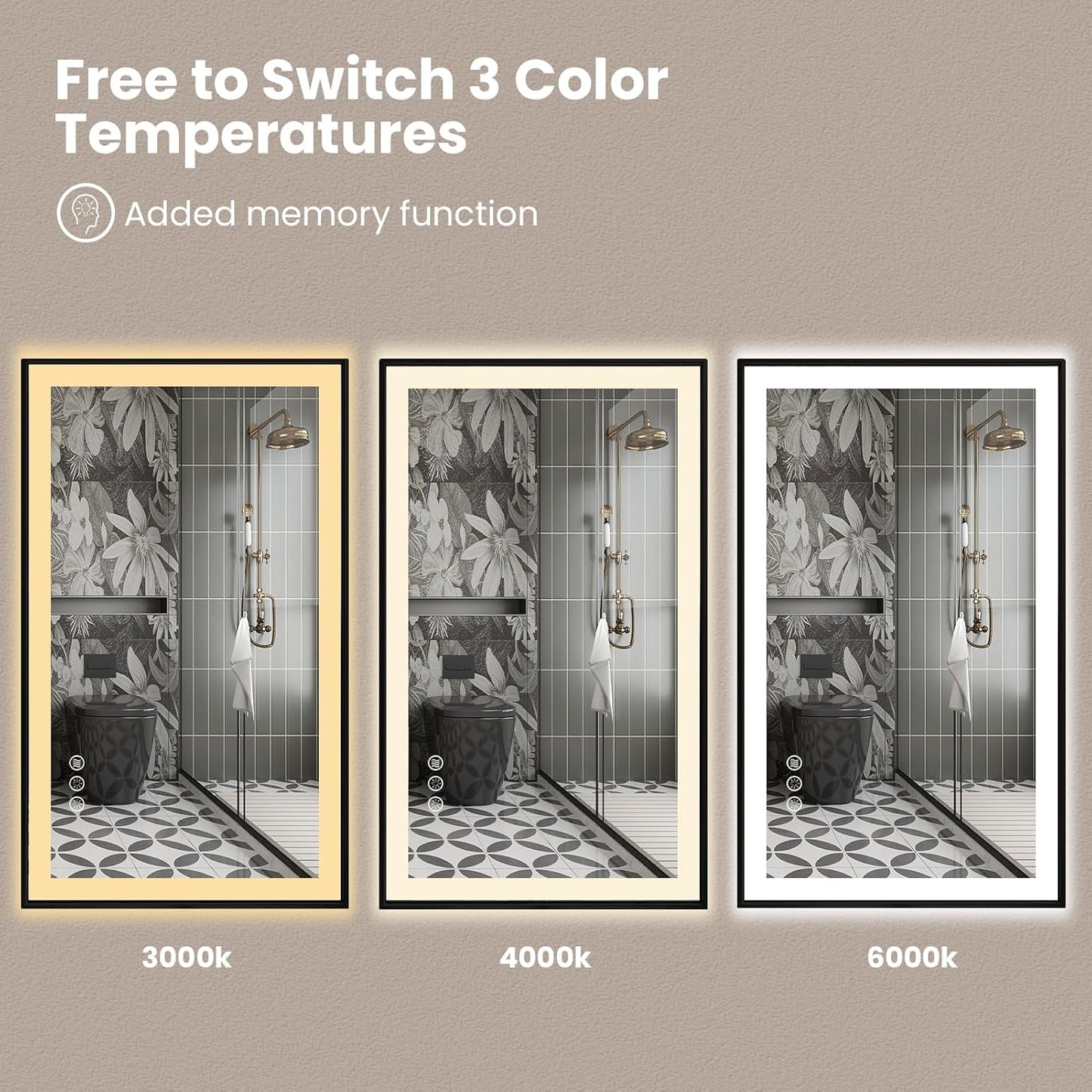 Amorho 55" X36" LED Bathroom Mirror with Black Frame, Front Light and Backlit(Controlled Separately), Stepless Dimmable, Anti-Fog, Shatter-Proof, 3 Colors, Memory