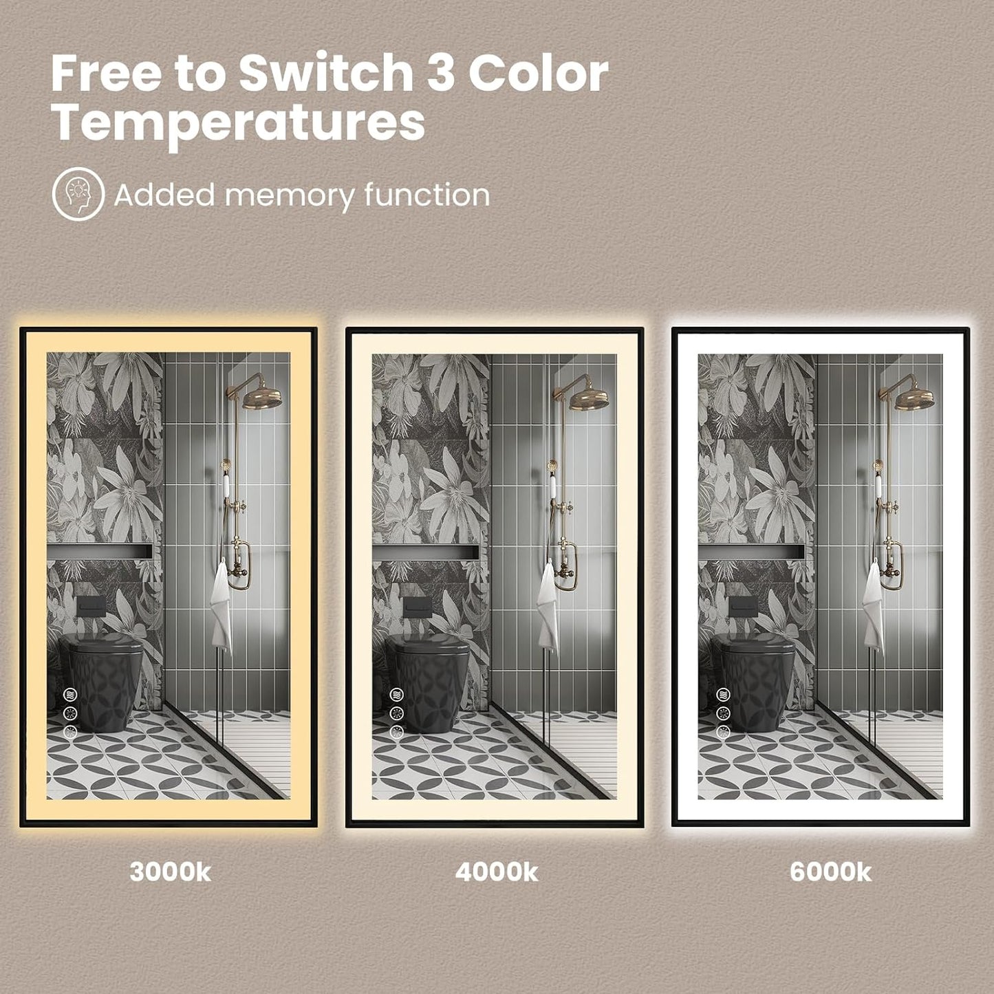 Amorho 28"x 32" LED Bathroom Mirror with Black Frame, Front Light and Backlit(Controlled Separately), Stepless Dimmable, Anti-Fog, Shatter-Proof, 3 Colors, Memory