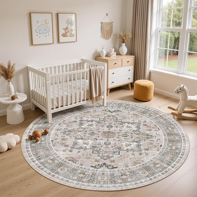 6ft Round Area Rug: Washable Vintage Neutral Soft Non Slip Thin Large Floor Carpet for Living Room Bedroom Kitchen Dining Room Home Office Farmhouse Indoor - Taupe