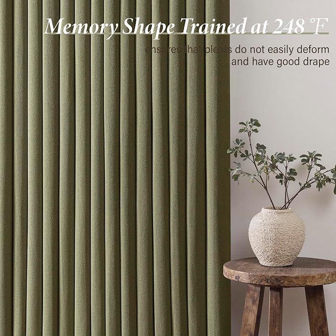 MIULEE Pinch Pleated Thick Linen Curtains 96 Inch 4 Panels Set Back Tab Memory Trained Pinch Pleat Semi Sheer Light Filtering Curtains Let Light in Window Drapes for Living Room Bedroom Olive Green