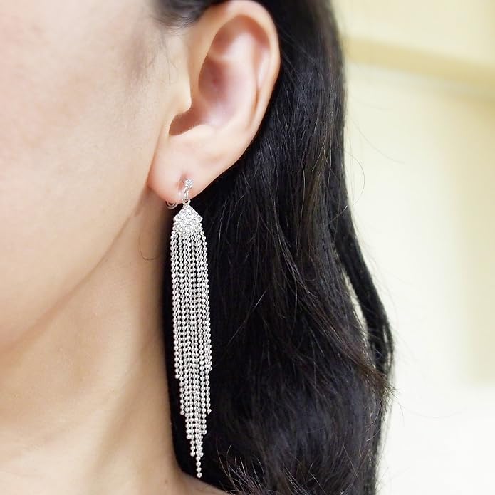 Dangle Silver Invisible Clip On Earrings for Women Not Pierced Gold Crystal Rhinestone Comfortable Hoop Fringe Long Chain Clip On Earrings