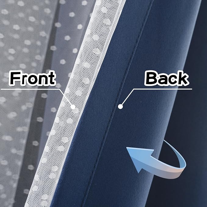MYSKY HOME Navy Blue Blackout Curtains for Girls Bedroom & Nursery Kids Cute Curtains Double Layer with Polka Dots Sheer, Grommet Tops, 52x95 Inch Each Panel, 2 Panels