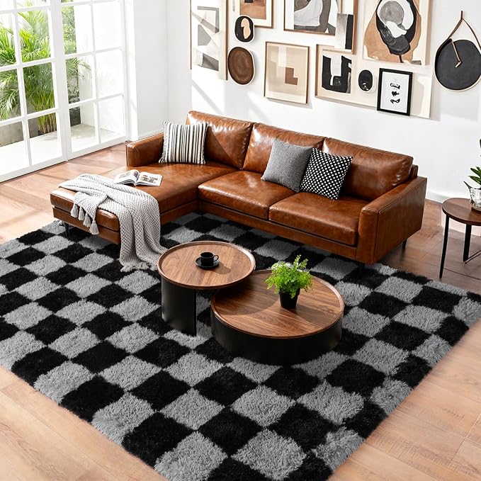 Pionblank 8x10 Area Rugs for Living Room, Fluffy Plush Checkered Rug for Bedroom, Modern Shag Non Slip Soft Furry Large Carpet for Kids Room Nursery Home Decor, Black and Grey