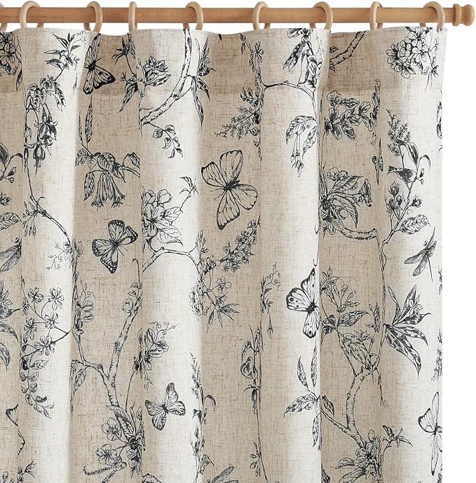 jinchan Black Floral Linen Curtains Lined 84 Inch Vintage Back Tab 2 Panels | Privacy lining, light filtering drapes, cottagecore, french country, farmhouse, bedroom, living room, window treatment