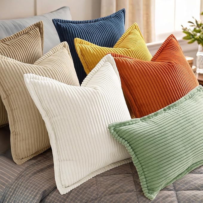 decorUhome Fall Corduroy Pure White Throw Pillow Covers 20x20 Set of 2 | Couch Decorative Soft Modern Boho Farmhouse Pillow Covers Broadside Striped Pillow Cases for Living Room Bed Sofa