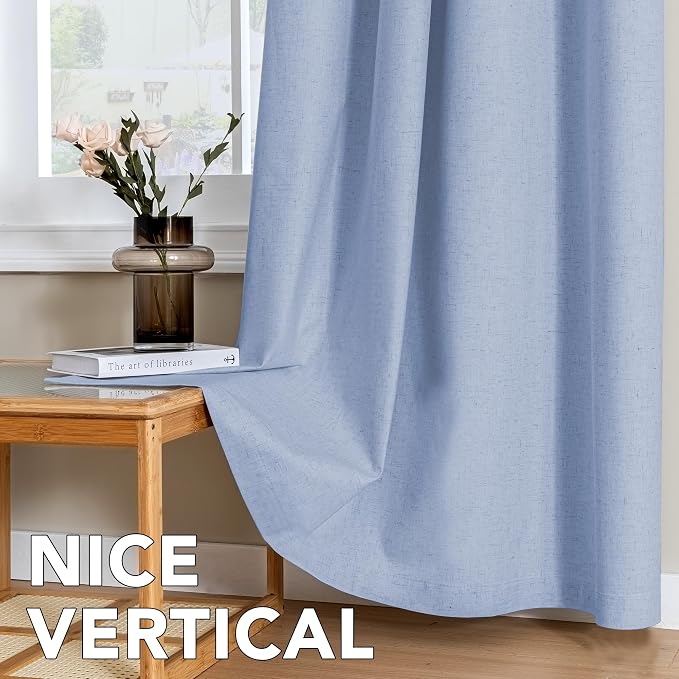 H.VERSAILTEX Linen Curtains 100% Blackout Curtains for Bedroom 84 inch Long Full Light Blocking Nature Linen Blended Window Curtains for Living Room Nickel Grommet (2 Panels, Heathered Chambray Blue)